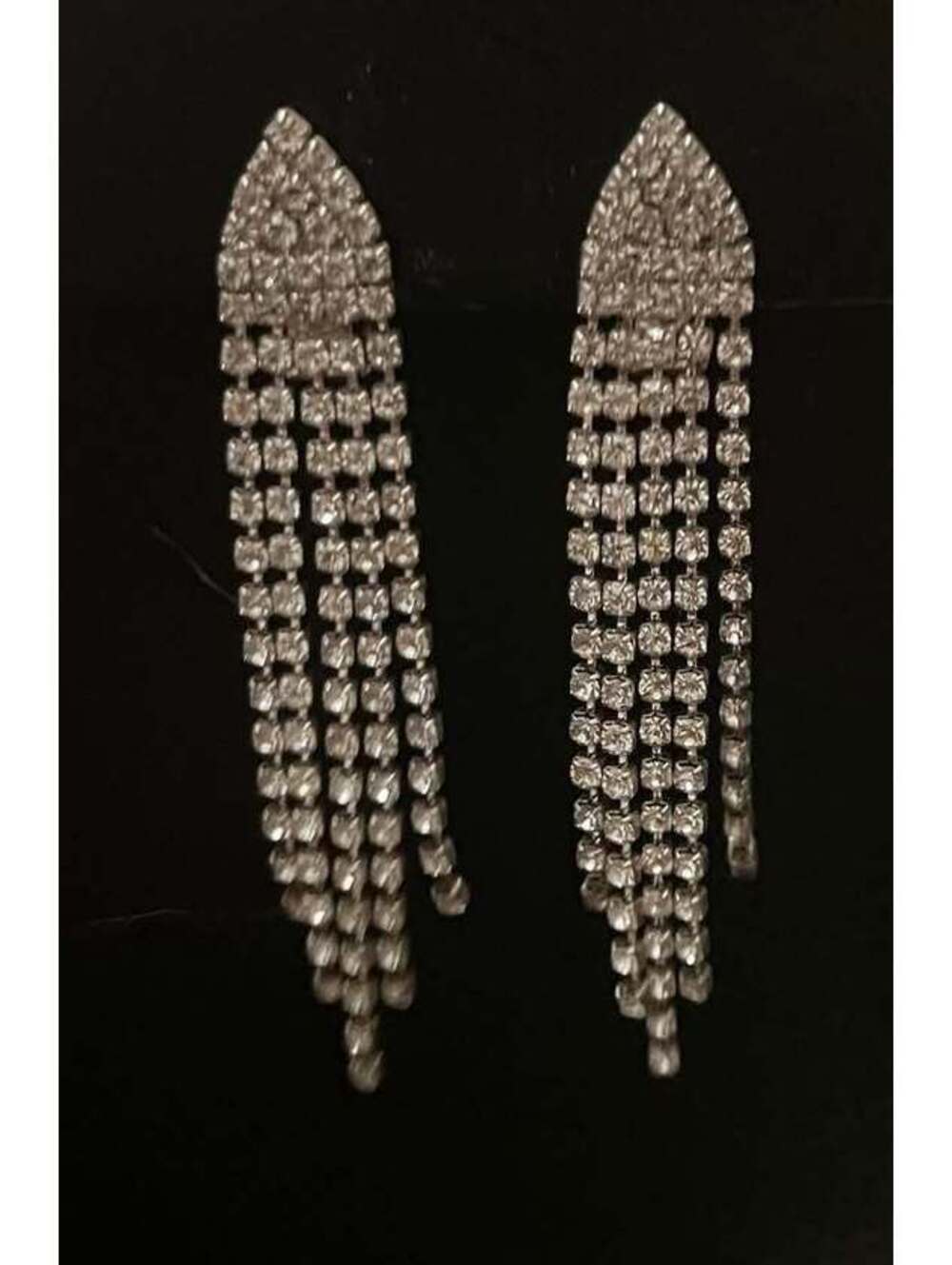 Silver Rhinestone Fringe Dangle Clip On Earrings